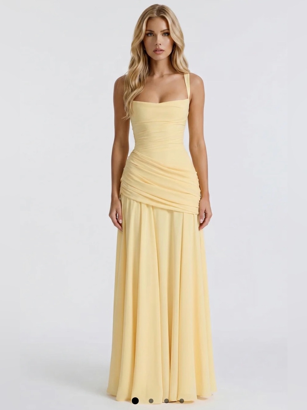 Sleeveless Lemon Sorbet Maxi Dress with Ruched Bodice
